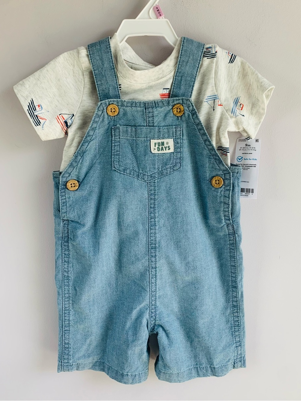 NWT Carters Shorts Overalls + T Set Denim Blue Boats Cute Little Boy Summer 9mth